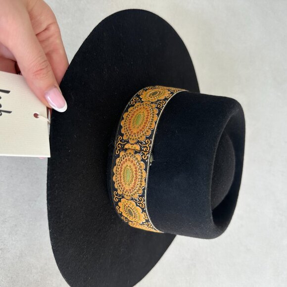 NWT Lack Of Color The Lolita Wool Felt Boater Hat Black w/ Gold Ribbon Band main image 6